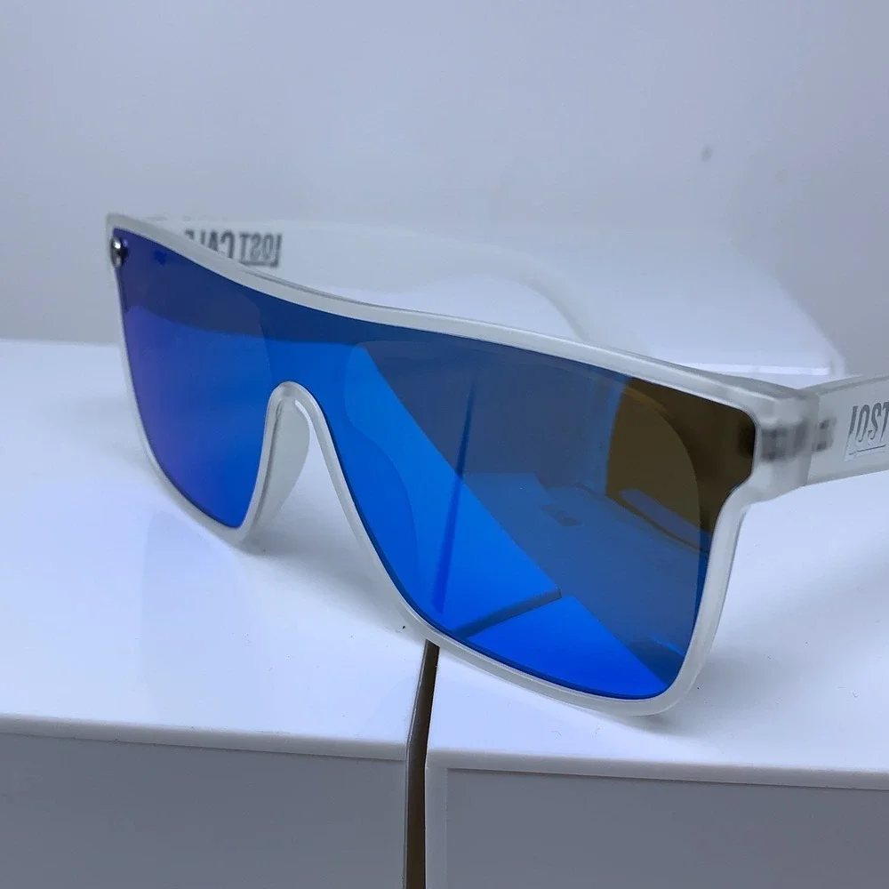 Lost Calf Adult Unisex White Frame Blue Polarized Shield Opal Sunglasses New